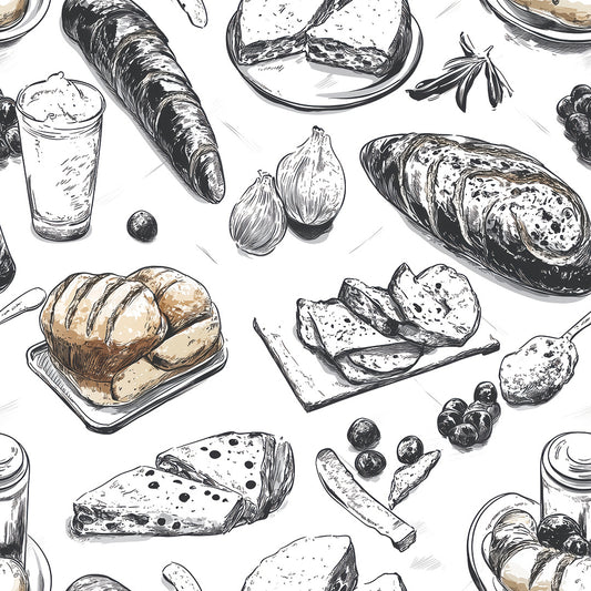 Französische Brotsorten & Käse in Black & White PVC-freie Tapete schneller Versand▪️Einfach abziehen, aufkleben, fertig! Made in Germany PCC FoliaConcept