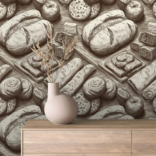 Fototapete Küche Bäckerei Sepia – Warmtonige Illustration verschiedener Brotsorten und Gebaeck in Sepia-Braun auf beigem H...
