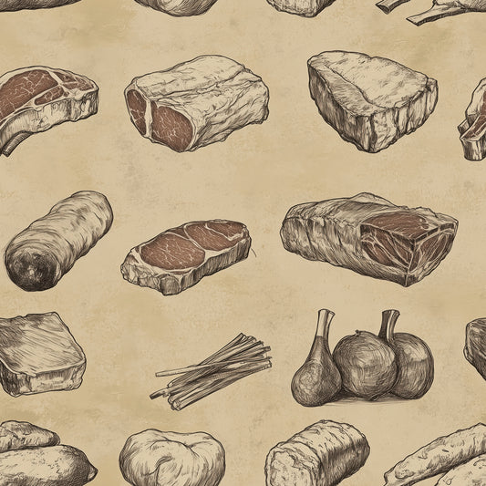 PVC-freie Tapete schneller Versand▪️Selbstklebend Made in Germany ▪️ Beige Mustertapete mit handgezeichneten Fleischstücken & Delikatessen