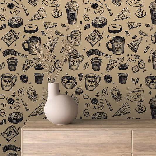 Fototapete Küche Kaffeehaus Skizze – Verspielte Skizzen auf sandfarbenem Hintergrund zeigen Kaffeetassen, Pizzastuecke, Mu...
