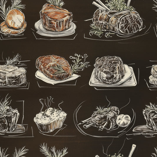 Selbstklebende Wanddeko mit handgezeichneten Fleischgerichten PVC-freie Tapete schneller Versand Made in Germany PCC FoliaConcept