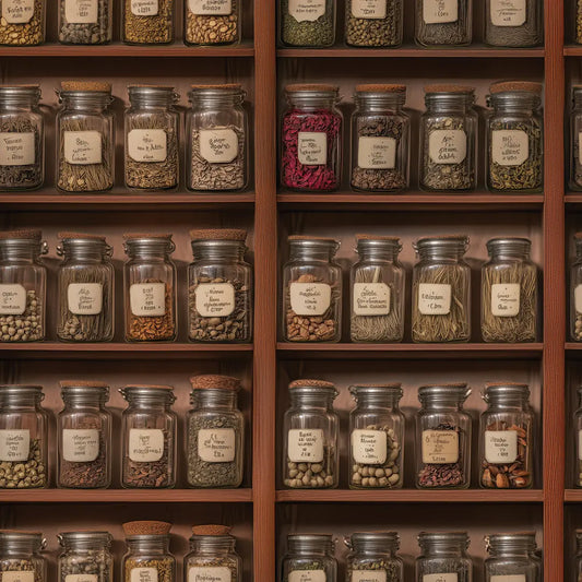 Fototapete Küche Apotheker Gewürzregal Detailansicht – selbstklebend, PVC-frei
