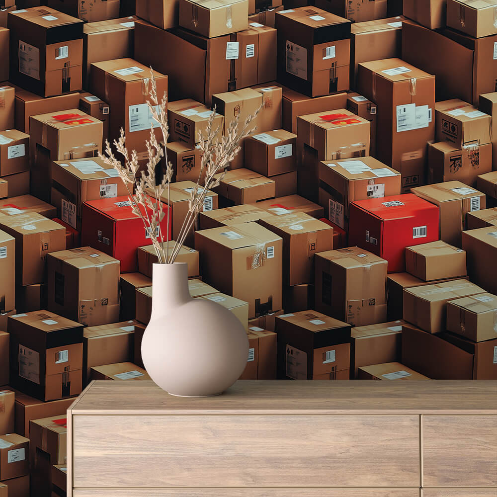 Karton-Motiv für E-Commerce-Spaces, Logistik-Bereiche & kreative Coworking PVC-freie Tapete schneller Versand▪️Einfach abziehen, aufkleben, fertig! Made in Germany PCC FoliaConcept