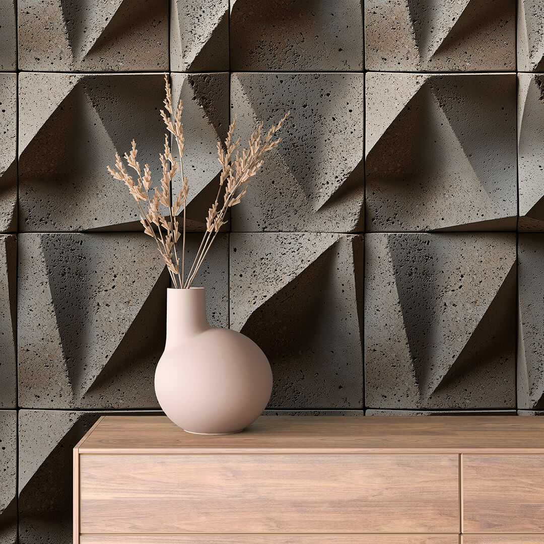 3D-Betontapete mit geometrischer Prismenstruktur Selbstklebend & abwischbar PVC-freie Tapete ▪️ Markant, modern & roh Made in Germany ▪️ FoliaConcept