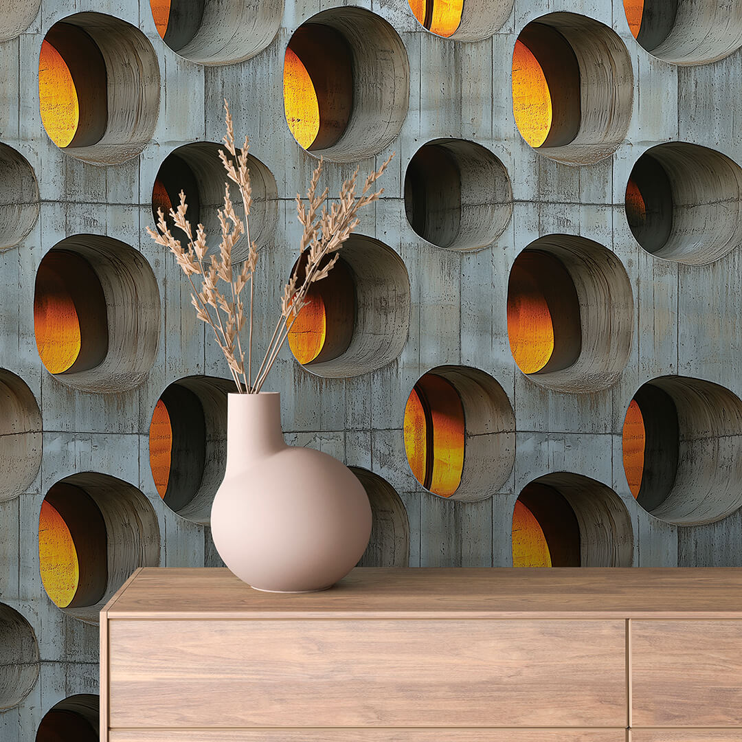 Betonoptik mit Lichtspiel Rundvertiefungen mit Farbverlauf Selbstklebende Tapete ▪️ Statement-Design ▪️ PVC-frei ▪️ FoliaConcept