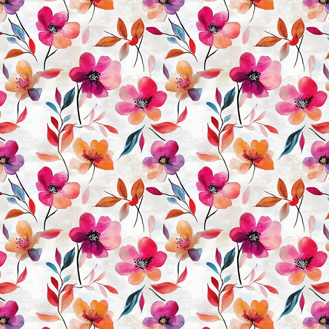 Mustertapete in kräftigen Farben mit leuchtenden Aquarellblüten in Rosa, Orange, Violett und Rot PVC-freie Tapete schneller Versand▪️Einfach abziehen, aufkleben, fertig! Made in Germany PCC FoliaConcept