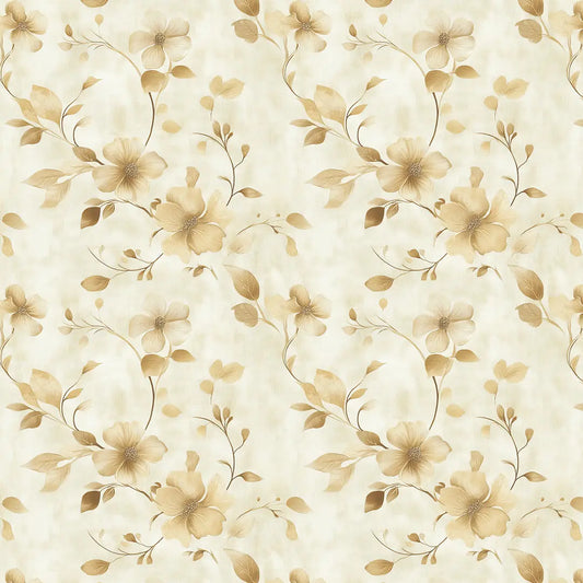 PVC-freie Tapete schneller Versand▪️Einfach abziehen, aufkleben, fertig! Made in Germany - Blüten und Blättern in goldenen Beigetönen – ideal für klassische Wohnräume, helle Flure oder harmonisch gestaltete Schlafbereiche