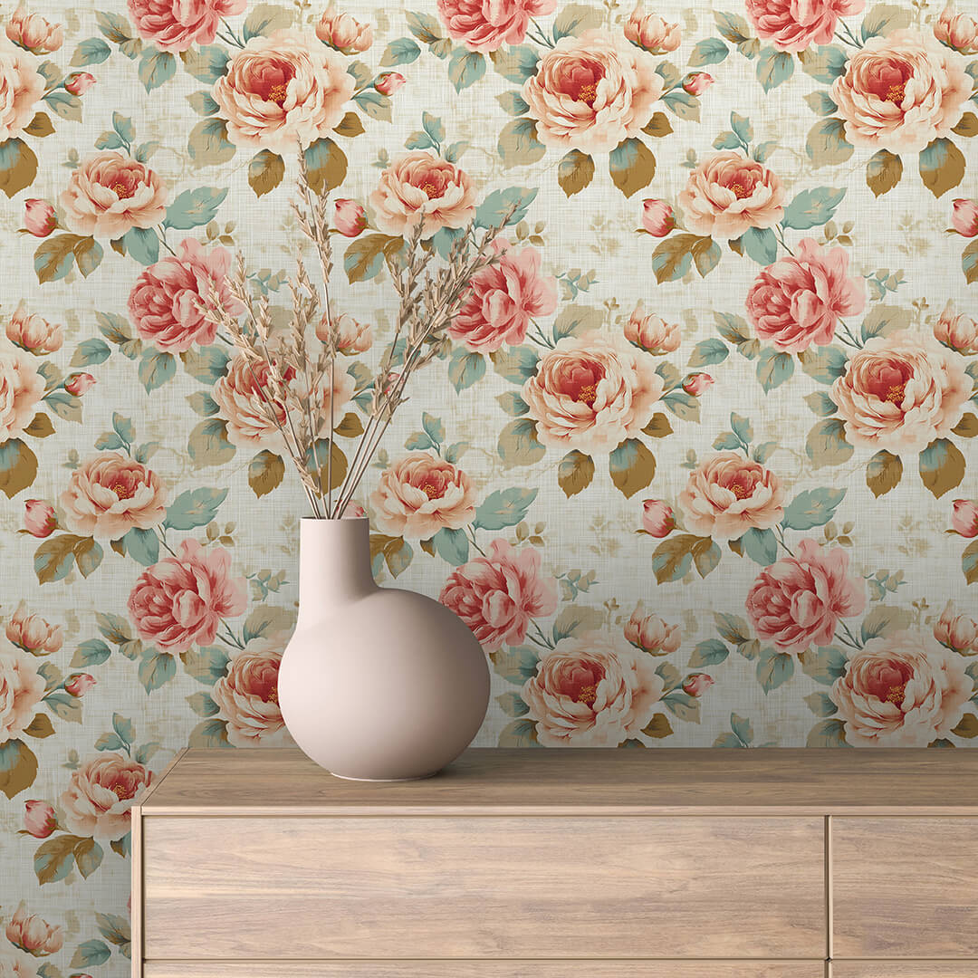 Romantische Blumentapete im Cottage-Stil mit Rosé-, Beige- & Cremetönen. PVC-freie Tapete schneller Versand▪️Einfach abziehen, aufkleben, fertig! Made in Germany PCC FoliaConcept