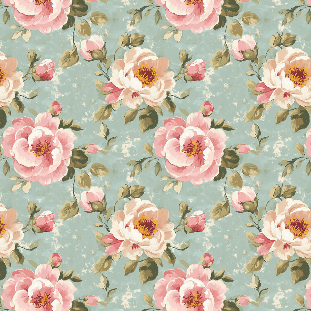 Elegante Blumentapete mit zartem Türkis und floralen Rosétönen.Selbstklebend, ohne Kleister – perfekt für gemütliche Wohn- & Schlafzimmer! Made in Germany