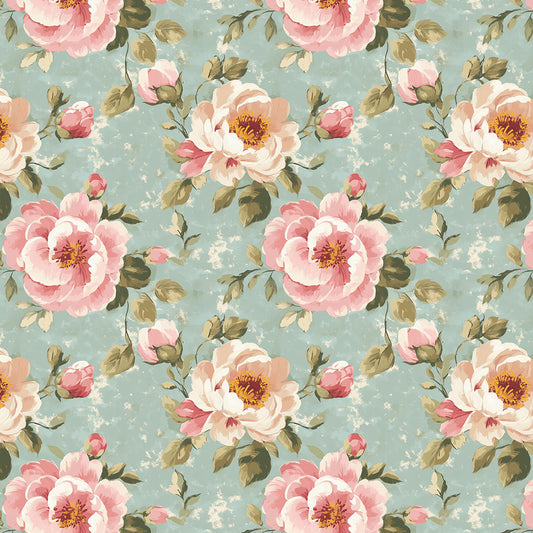 Elegante Blumentapete mit zartem Türkis und floralen Rosétönen.Selbstklebend, ohne Kleister – perfekt für gemütliche Wohn- & Schlafzimmer! Made in Germany