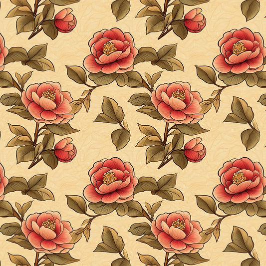 Florale Tapete im Retro-Stil mit asiatisch inspirierten Blüten in Koralle auf Creme. Selbstklebend & unkompliziert. Jetzt vom kostenlosen Versand profitieren!