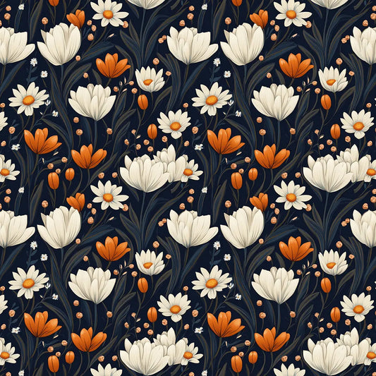 Florale Retro-Tapete in Weiß und Orange auf dunklem Hintergrund PVC-freie Tapete schneller Versand▪️Einfach abziehen, aufkleben, fertig! Made in Germany PCC FoliaConcept