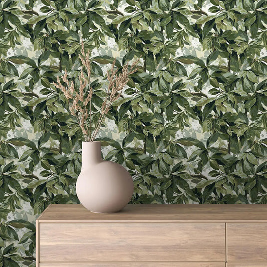 Blumentapete Blätter Grün – Modern Detailansicht – Dunkelgrün, Olivgrün, Salbeigrün, Hellgrün, Cremeweiß, Braun,
