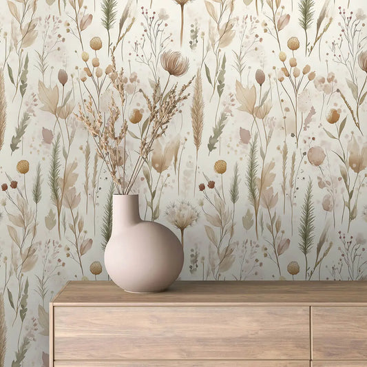 Blumentapete Beige & Grün – Landhaus – Trockenblumen und filigrane Gräser in natürlichen Beige- und Erdtönen erzeugen einen