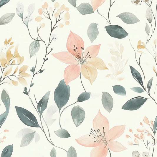 Blumentapete Aquarell Grün – Elegant Detailansicht – Mintgrün, Sand, Grün, Mint, Rosé, Flieder, selbstklebend