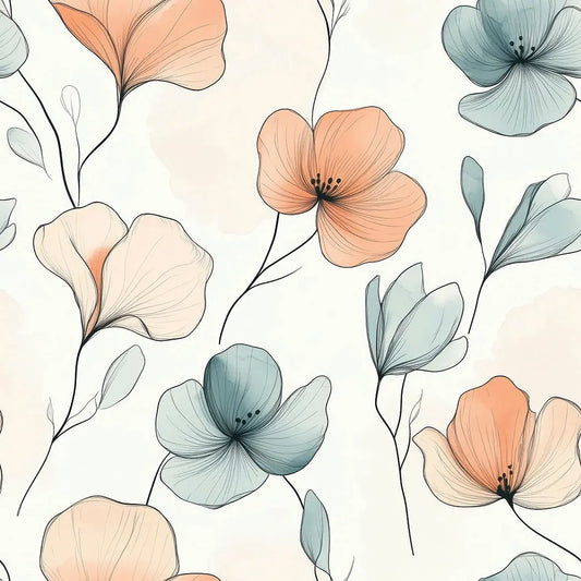 Blumentapete Aquarell Apricot – Modern Detailansicht – Apricot, Grün, Blau, selbstklebend