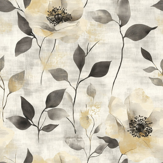 Aquarell-Blumentapete in Beige und Schwarz auf hellem Grund. Stilvoll, modern & selbstklebend – für ein elegantes, ruhiges Raumgefühl.