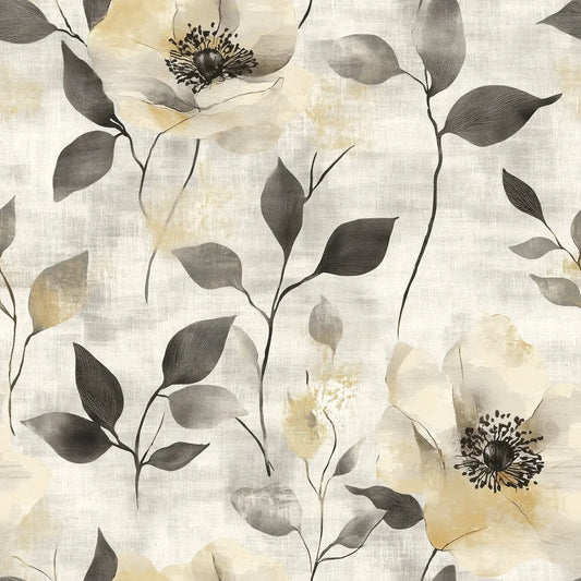 Blumentapete Aquarell Beige – Modern Detailansicht – Beige, Schwarz, selbstklebend