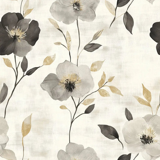 Elegante Blumentapete in Grau, Schwarz & Beige. Selbstklebend, abziehbar & modern – ideal für stilvolle Wohnräume.