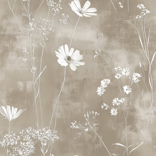 Zarte Wildblumen-Tapete auf warmbraunem Grund – nostalgisch & modern zugleich. Selbstklebend, abziehbar, perfekt für ruhige Räume!