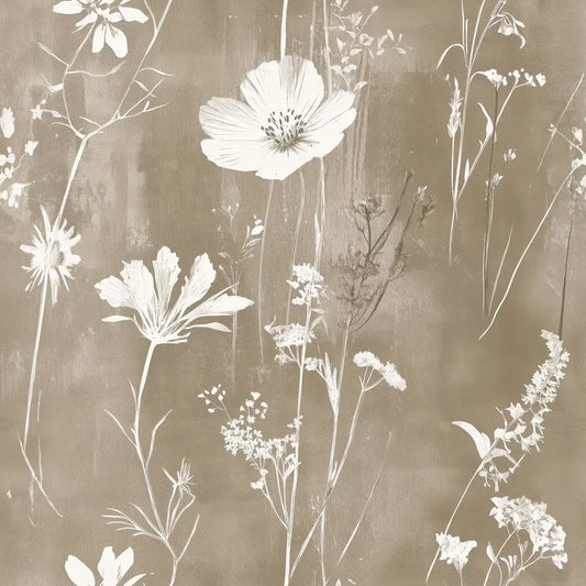 Blumentapete Weiß & Braun – Vintage Nr. 0078 Detailansicht – Braun, Weiß, selbstklebend