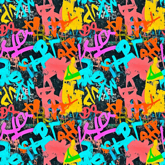 Gaming Tapete Geek Riot – farbintensive Graffiti-Buchstaben und Tags auf schwarzem Hintergrund