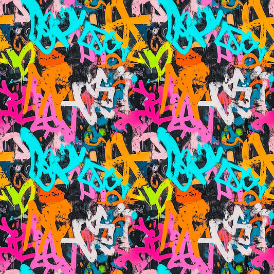 Gaming Tapete Color Clash Bold – bunte Neon-Graffiti-Schriftzuege in Tuerkis, Pink und Orange auf schwarzem Hintergrund