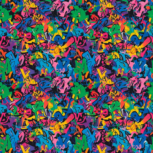 Gaming Tapete Color Clash Neon – dichtes Graffiti-Allover-Muster in lebhaften Neonfarben auf dunklem Grund