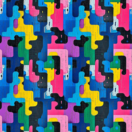 Gaming Tapete Urban Puzzle – bunte Puzzleformen und verschachtelte Bloecke in kraeftigen Neonfarben auf dunklem Grund
