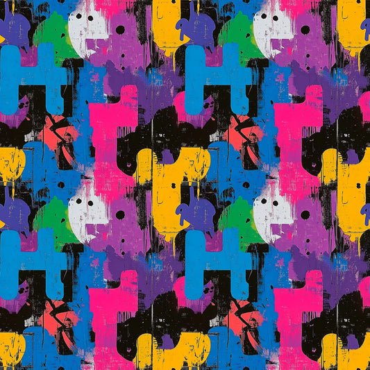 Gaming Tapete Street Blocks – farbenfrohe Puzzle- und Pac-Man-artige Mosaik-Bloecke auf dunklem Grund