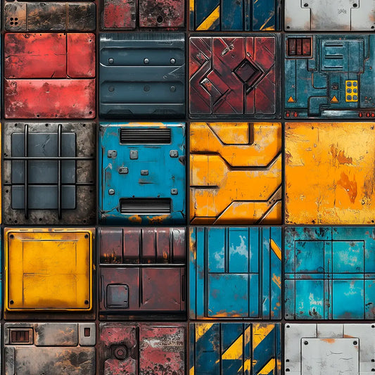 Gaming Tapete Neo Storage – industrielle Sci-Fi-Container mit Warnstreifen und Used-Optik in Primaerfarben