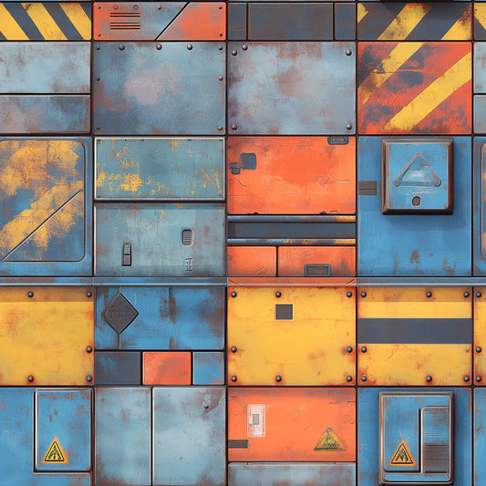 Gaming Tapete Urban Storage – industrielle Sci-Fi-Metallpaneele mit Warnmarkierungen in Blau, Orange und Gelb