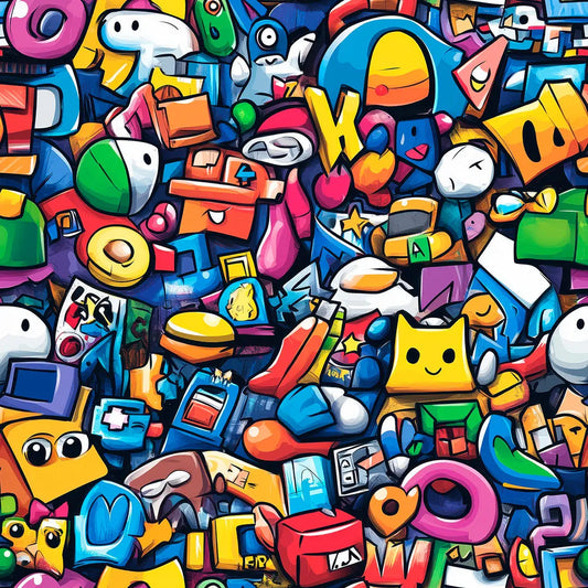 Gaming Tapete Pixel Pop – farbenfrohes Muster mit Retro-Pixel-Figuren, Sternen und Herzen im Cartoon-Stil