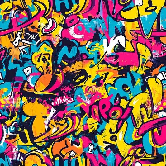 Gaming Tapete Graffiti Frenzy – dichter Neon-Graffiti-Mix mit POW- und Herzchen-Motiven in kraeftigen Farben