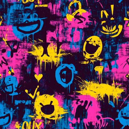 Gaming Tapete Neon Graffix – verspielte Neon-Smileys, Herzen und OUY-Tags in Gelb und Blau auf dunklem Grund