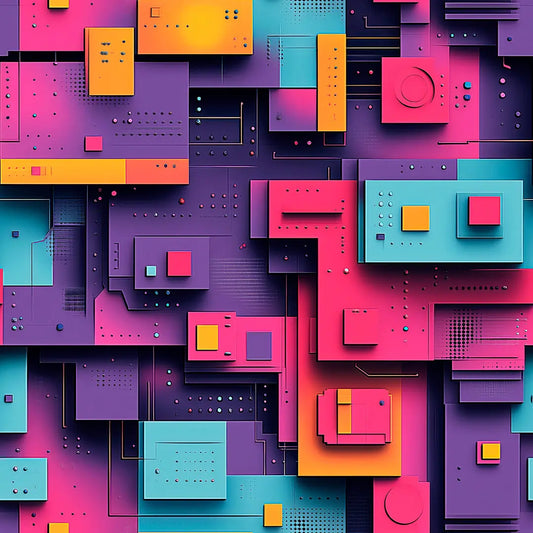 Gaming Tapete Neon-Tech Collage – geometrische 3D-Bloecke in Neonfarben mit futuristischen Tech-Details