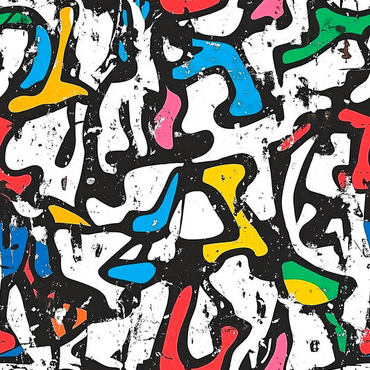 Gaming Tapete Urban Code – abstrakte Street-Art-Zeichen und Formen in bunten Farben auf schwarz-weissem Grund
