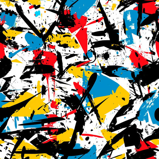 Gaming Tapete Color Clash – abstrakte Street-Art mit kraeftigen Pinselstrichen in Schwarz, Rot, Blau und Gelb