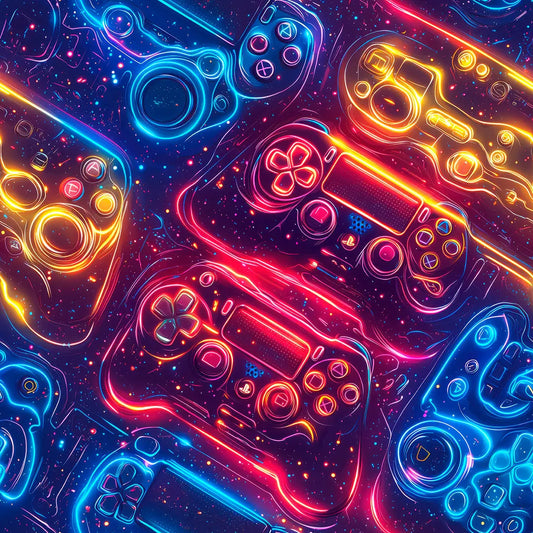 Gaming Tapete Neon Controller – Neon-beleuchtete Gaming-Controller und Gamepads in Blau, Rot und Orange