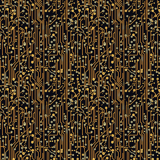 Gaming Tapete Golden Circuit – vertikale goldene Schaltkreis-Linien und Loetpunkte auf tiefem Schwarz