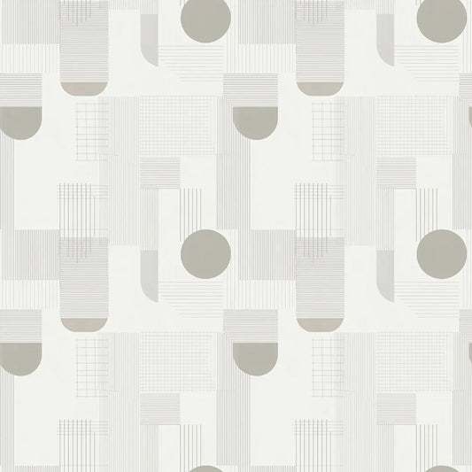 Selbstklebende Tapete Schwarz-Weiß Retro Muster modern mit geometrischem Design aus Kreisen, Linien und Halbkreisen für stilvolle Wandgestaltung.