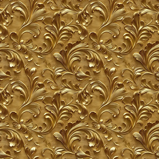 Golde Tapete mit barockem Muster in warmen Goldtönen und detailreicher Reliefstruktur für luxuriöse Wohn- und Geschäftsräume.