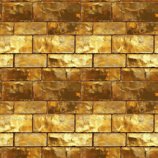 Goldenes Tapetendesign mit glänzenden, goldenen Ziegelsteinmustern in 3D-Optik für luxuriöse Wandgestaltung im Wohnbereich.