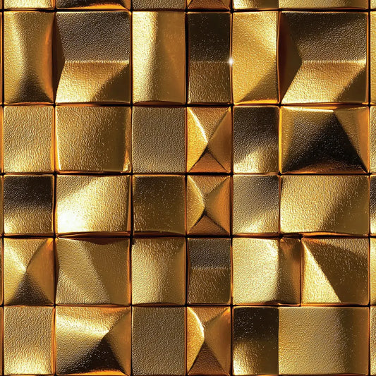 Goldenes Wandbild mit glänzenden, facettierten goldenen Flächen für luxuriöse Raumgestaltung in Wohn- oder Geschäftsräumen.