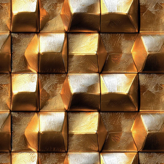 Goldene Tapete mit facettierten, goldglänzenden Würfeln und metallischer Textur für luxuriöse Wandgestaltung im Wohn- und Geschäftsbereich.
