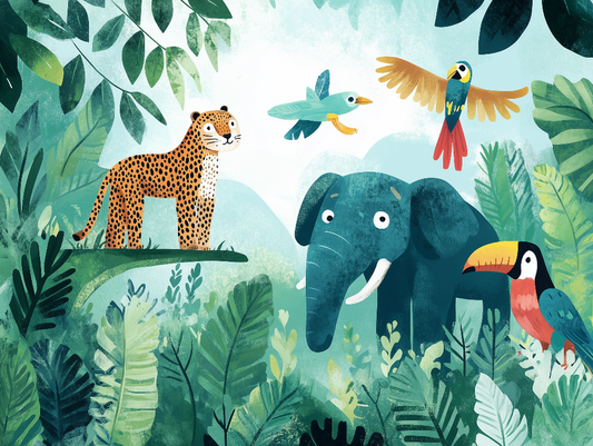 Selbstklebende Tapete mit Leopard, Elefant und tropischen Vögeln im Dschungelmotiv fürs Kinderzimmer