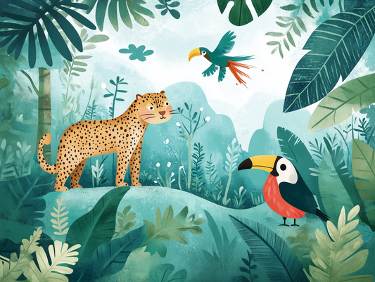 Dschungel-Kindertapete mit Leopard, Elefant und buntem Tukan auf grüner Waldkulisse