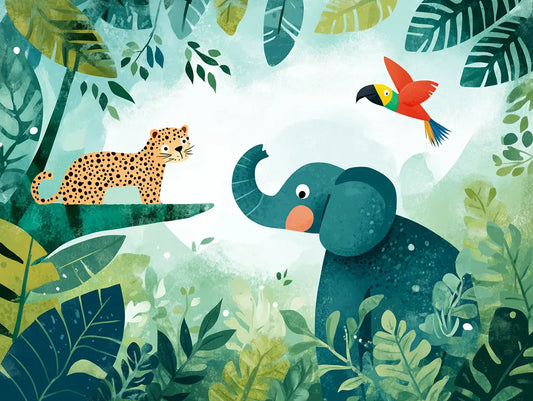 Fototapete Kinderzimmer Dschungel Elefant Leopard Detailansicht – Tuerkis, Gruen, Orange, Rot, Creme, selbstklebend