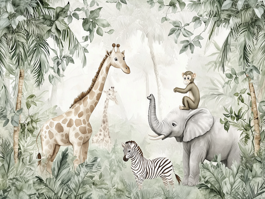 Safari-Tapete mit Giraffe, Elefant und Affe in hellen Naturfarben für moderne Kinderzimmer