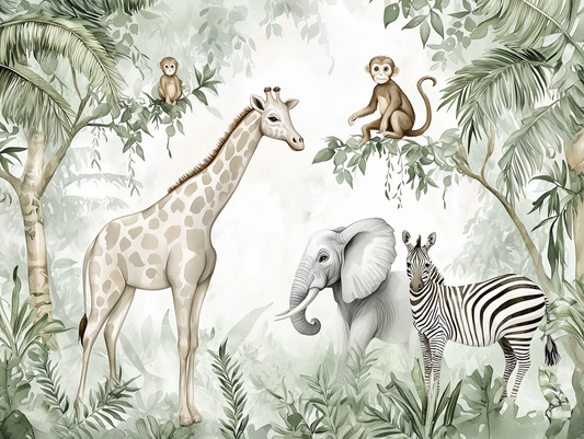 Kindertapete mit Giraffe, Zebra, Elefant und spielenden Äffchen im Dschungel-Look